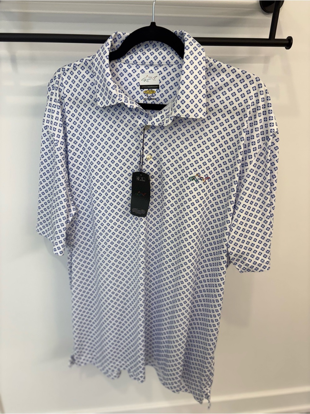 Greg Norman Collection White Polo with Blue Geometric Print